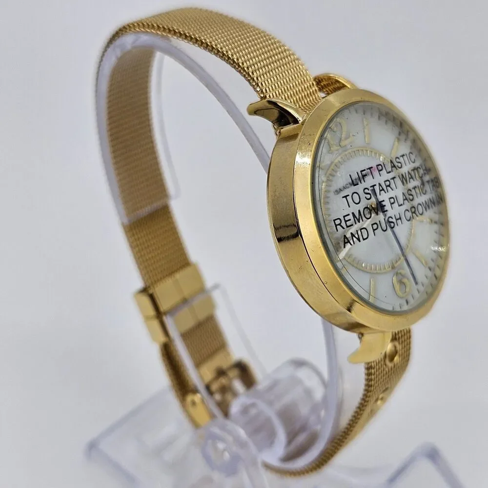 Issac Mizrahi Live Women's Watch 36MM Gray Dial Gold Case Mesh‎ Band New Battery